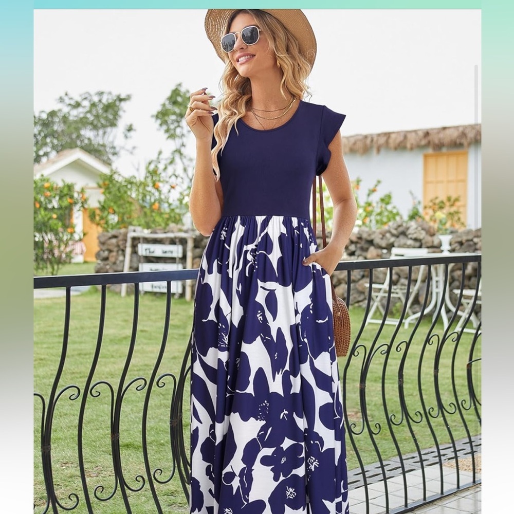 Elegant Navy Floral Maxi Dress Maturnity - Picture 4 of 6